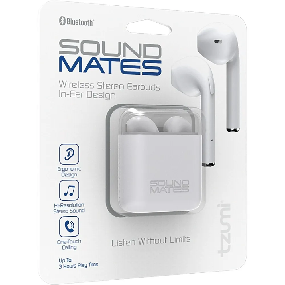 SoundMates Wireless Bluetooth Earbuds with Protective Charging Case, White (5761)<Tzumi New