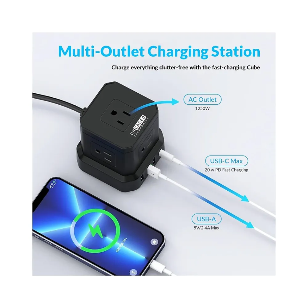 Uncaged Ergonomics Cube 5-Outlet 4-USB Port Surge Protector, 10', Black (PC-b-c)