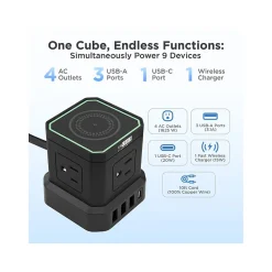 Uncaged Ergonomics Cube 4-Outlet 4-USB Port Surge Protector, 10', Black (WC-10-b)