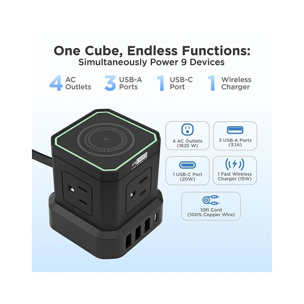 Uncaged Ergonomics Cube 4-Outlet 4-USB Port Surge Protector, 10', Black (WC-10-b)
