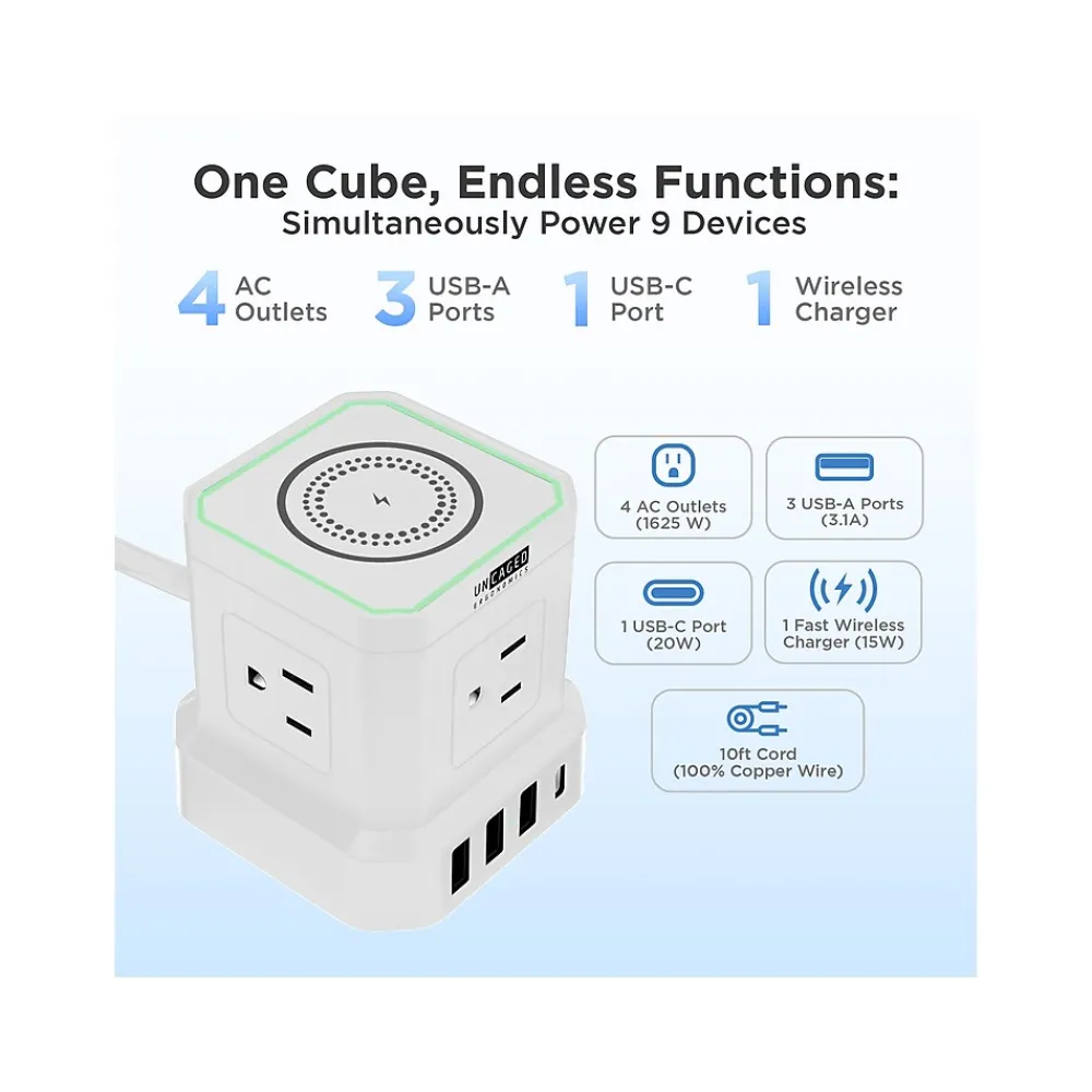 Uncaged Ergonomics Cube 4-Outlet 4-USB Port Surge Protector, 10', White (WC-10-w)