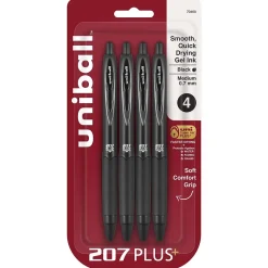 Pens|uni-ball 207 Plus+ Retractable Gel Pens, Medium Point, 0.7mm, Black Ink, 4/Pack (70460)