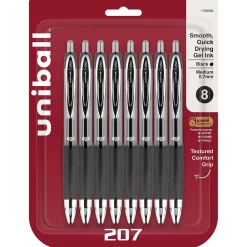 Pens|uni-ball 207 Retractable Gel Pens, Medium Point, 0.7mm, Black Ink, 8/Pack (1756584)
