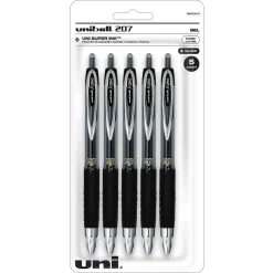 Pens|uni-ball Signo 207 Retractable Gel Pen, Fine Point, Black Ink, 5/Pack (1960240)