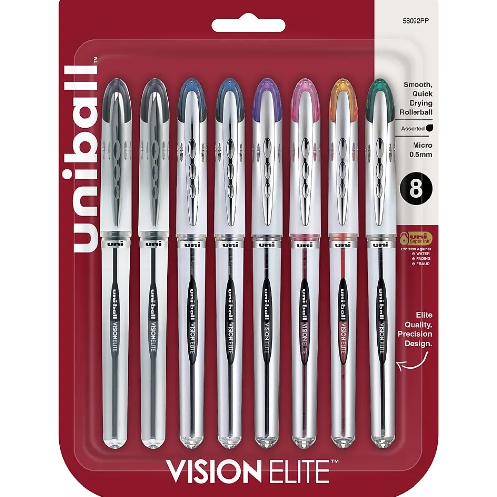 Pens|uni-ball Vision Elite Rollerball Pens, Micro Point, Assorted Colors Ink, 8 Pack (58092)