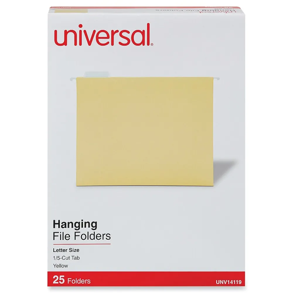Hanging File Folders|Universal Recycled Hanging File Folder, Letter Size, Yellow, 25/Box (UNV14119)