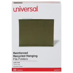 Hanging File Folders|Universal Recycled Hanging File Folder, 1/3 Cut Tab, Letter Size, Standard Green, 25/Box (UNV24113)