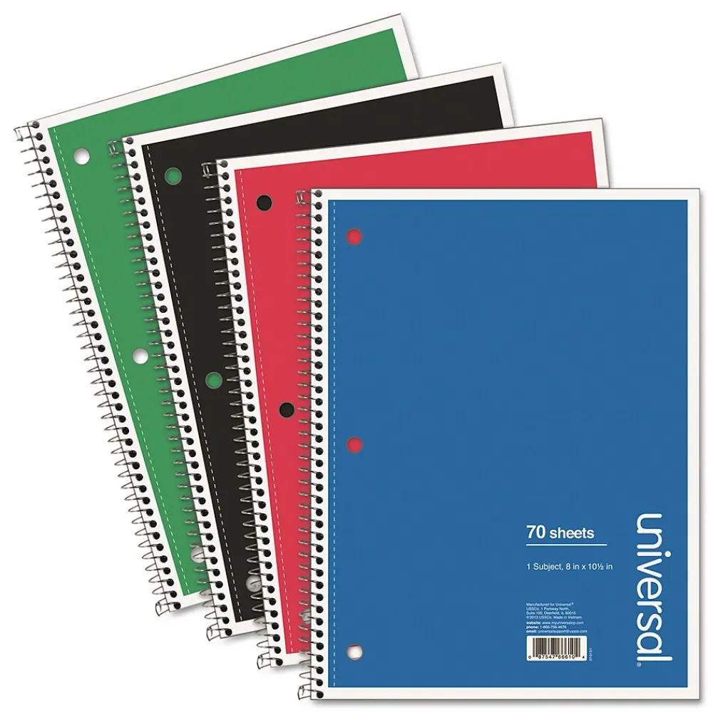 Subject Notebooks|Universal 1-Subject Notebooks, 8" x 10.5", Law, 70 Sheets, Assorted Colors, 4/Pack (UNV66624)