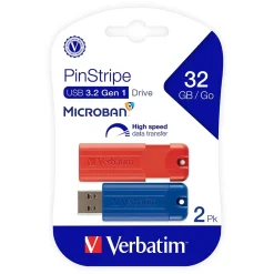 Hot Verbatim PinStripe 32GB USB 3.2 Type A Flash Drive, Blue, Red, 2/Pack (70056)
