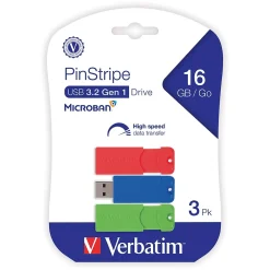 Outlet Verbatim PinStripe 16GB USB 3.2 Type A Flash Drive, Assorted Colors, 3/Pack (70386)