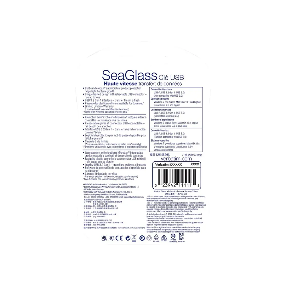 Hot Verbatim SeaGlass 128GB USB 3.2 Type A Flash Drive, Gray (70909)