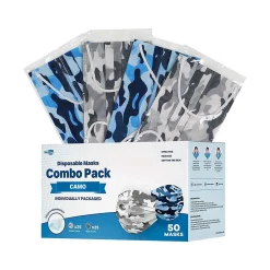 WeCare 3-ply Disposable Face Masks, Adult, Blue Camo/White Camo, 50/Box (WMN100068)