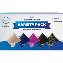 WeCare 3-ply Disposable Face Masks, Individually Wrapped, Adult, Assorted Colors, 50/Box (WMN100026)
