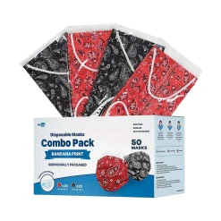 WeCare 3-ply Disposable Face Masks, Individually Wrapped, Adult, Red Bandana/Black Bandana, 50/Box (WMN100069)