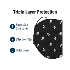 WeCare 3-ply Disposable Face Mask, Individually Wrapped, Kids, Black Skull Bones, 50/Box (WMN100097)