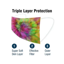 WeCare 3-ply Disposable Face Masks, Kids, Assorted Wacky Tie-Dye Designs, 50/Box (WMN100093)