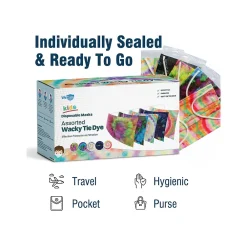 WeCare 3-ply Disposable Face Masks, Kids, Assorted Wacky Tie-Dye Designs, 50/Box (WMN100093)