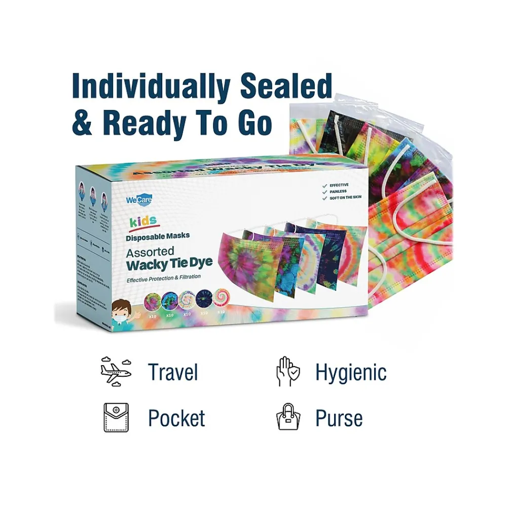 WeCare 3-ply Disposable Face Masks, Kids, Assorted Wacky Tie-Dye Designs, 50/Box (WMN100093)