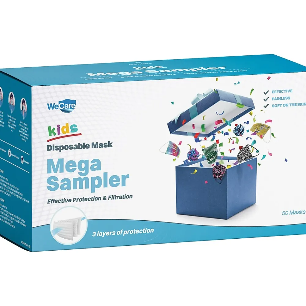 WeCare 3-ply Disposable Face Masks, Mega Sampler, Kids, Assorted Colors, 50/Box (WMN100103)