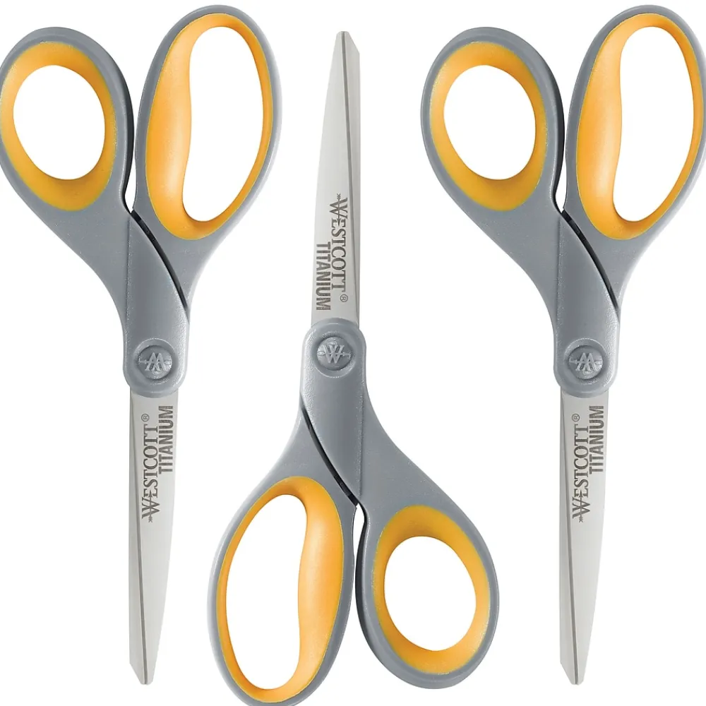 Scissors|Westcott Titanium Bonded 8" Titanium Multi-Purpose/Heavy Duty Scissor, Pointed Tip, Gray/Yellow, 3/Pack (17532)