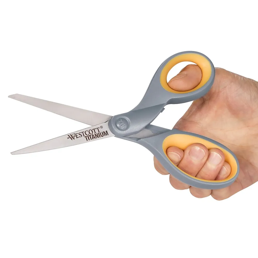 Scissors|Westcott Titanium Bonded 8" Titanium Multi-Purpose/Heavy Duty Scissor, Pointed Tip, Gray/Yellow, 3/Pack (17532)