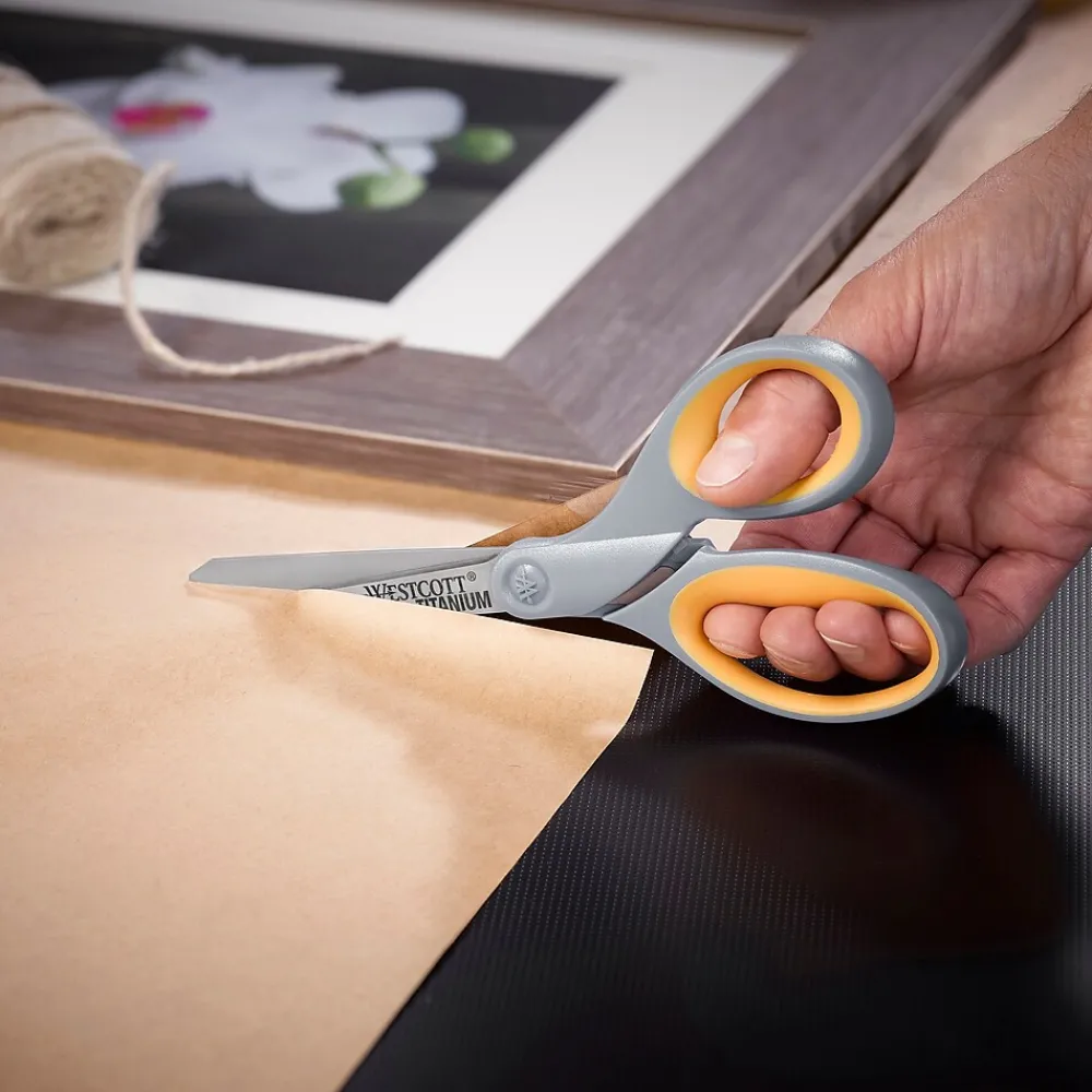 Scissors|Westcott Titanium Bonded 8" Titanium Multi-Purpose/Heavy Duty Scissor, Pointed Tip, Gray/Yellow, 3/Pack (17532)
