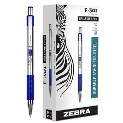 Pens|Zebra F-301 Retractable Ballpoint Pen, Fine Point, 0.7mm, Blue Ink, Dozen (27120)