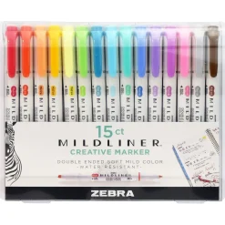 Highlighters|Zebra Mildliner Twin Tip Highlighters, Bullet/Chisel Tip, Assorted, 15/Pack (78115)