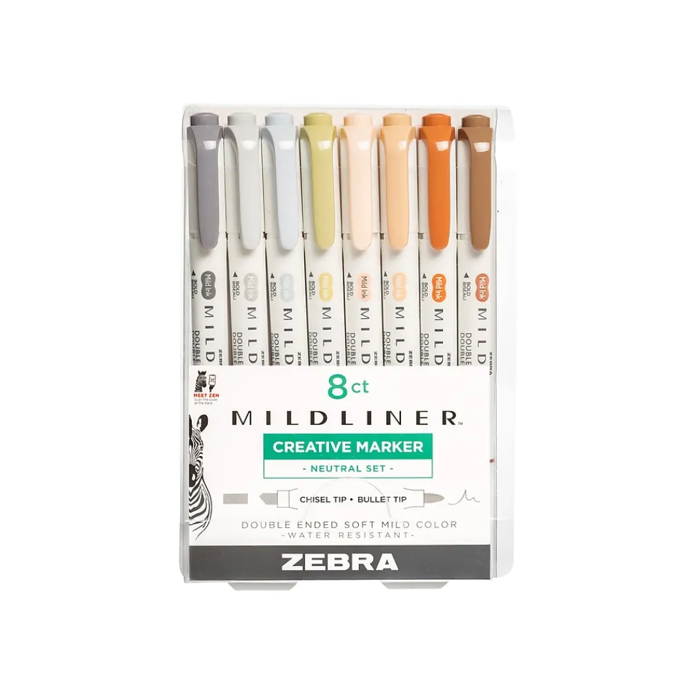 Highlighters|Zebra Mildliner Twin Tip Highlighters, Bullet/Chisel Tip, Neutral Assorted, 8/Pack (78208)