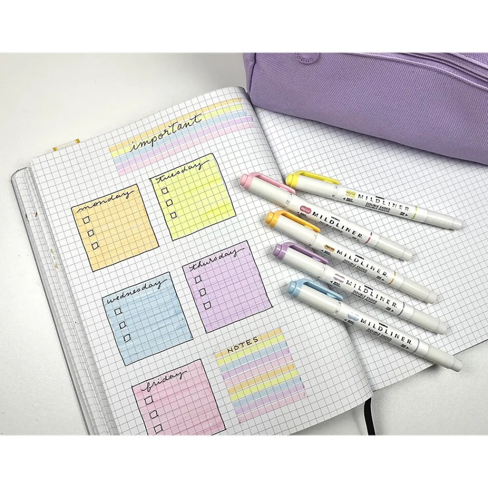 Highlighters|Zebra Mildliner Twin Tip Highlighters, Bullet/Chisel Tip, Gentle Assorted, 5/Pack (78705)