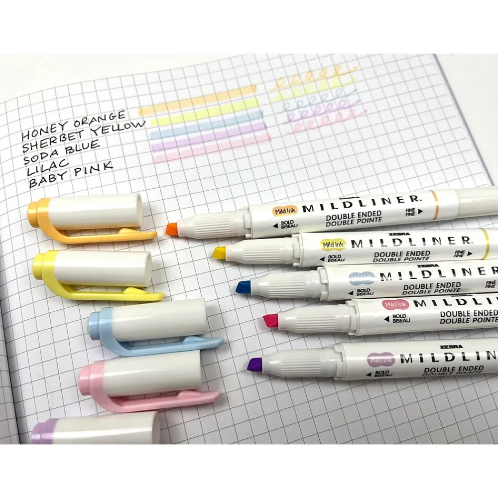 Highlighters|Zebra Mildliner Twin Tip Highlighters, Bullet/Chisel Tip, Gentle Assorted, 5/Pack (78705)