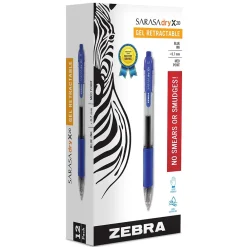Pens|Zebra Sarasa Dry X20 Retractable Gel Pen, Medium Point, 0.7mm, Blue Ink, 12/Pack (46820)
