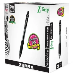 Pens|Zebra Z-Grip Retractable Ballpoint Pen, Medium Point, 1.0mm, Black Ink, 96/Pack (22196)