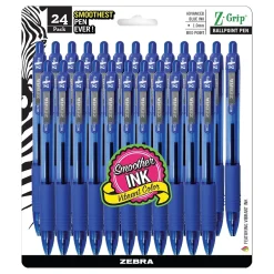 Pens|Zebra Z-Grip Retractable Ballpoint Pens, Medium Point, 1.0mm, Blue Ink, 24/Pack (ZEB12225)
