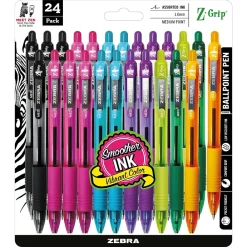 Pens|Zebra Z-Grip Retractable Ballpoint Pen, Medium Point, 1.0mm, Assorted Ink, 24 Pack (12271)