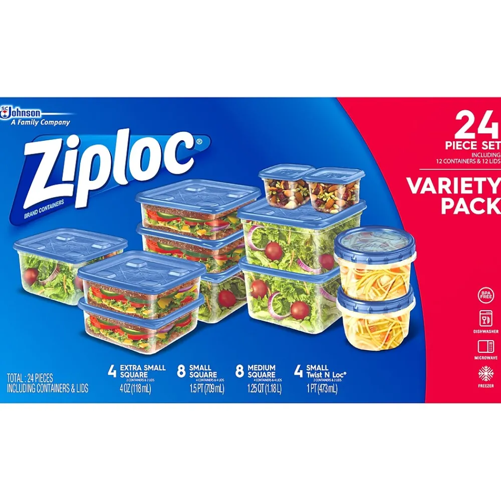 Ziploc Variety Pack Containers with Lids, Assorted Sizes, 24 Pieces/Pack (308674)