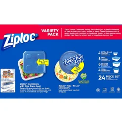Ziploc Variety Pack Containers with Lids, Assorted Sizes, 24 Pieces/Pack (308674)