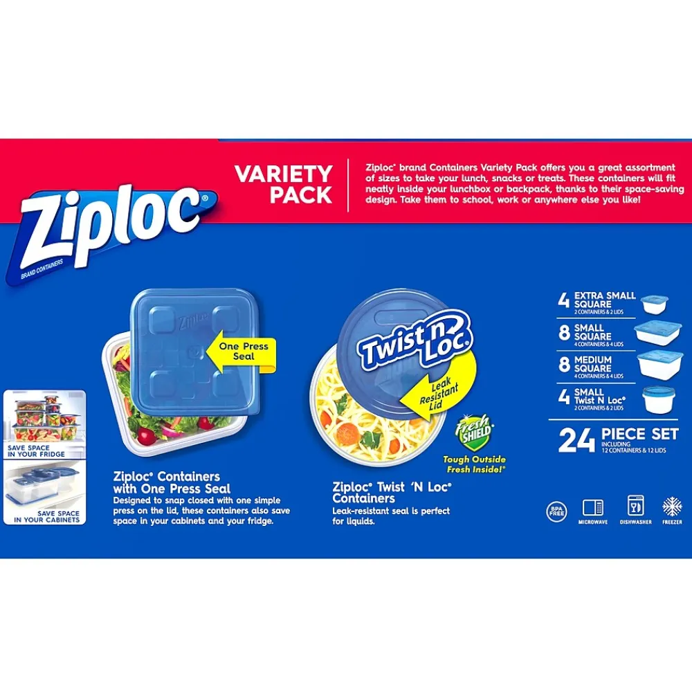 Ziploc Variety Pack Containers with Lids, Assorted Sizes, 24 Pieces/Pack (308674)